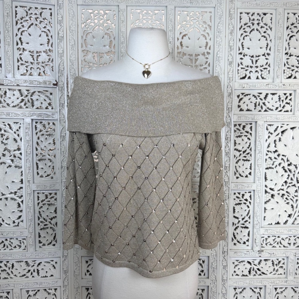 Vtg Shimmer‎ Metallic Off The Shoulder Sweater Sz S/M Retro Fairy Open Knit